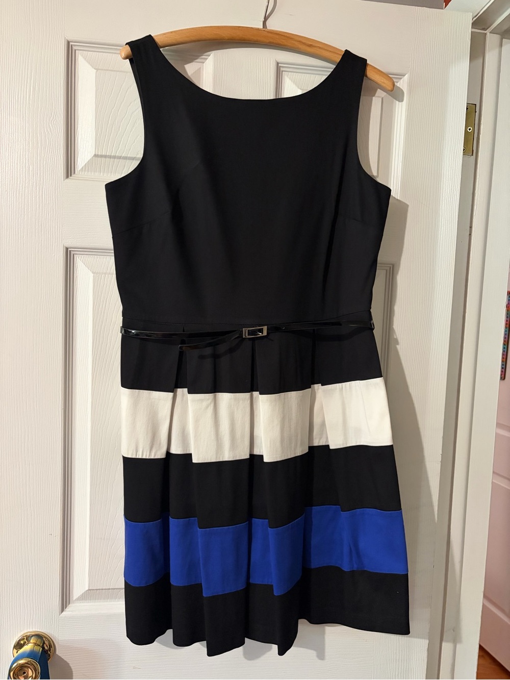 Sleeveless Black, White & Blue Striped Pleated Mini Dress